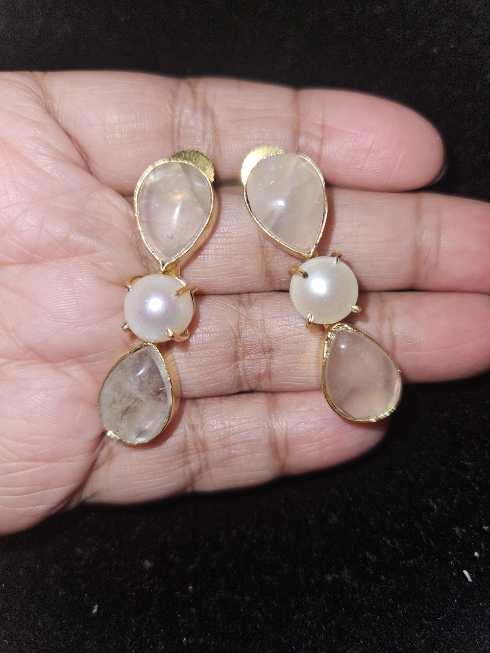 Gold Plated Brass Pearl and Rose Quartz Drop Earrings - White